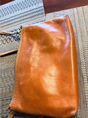 HOBO Tan Leather Zip Wristlet with Patterned Lining